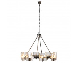 Moderní designová závěsná lampa Oito s centrální kruhovou konstrukcí s osmi rameny se skleněnými pláty v chromovém stříbrném provedení