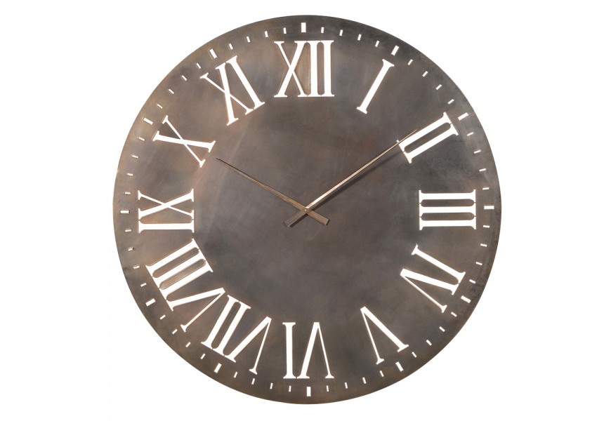 Velké vintage nástěnné hodiny s průhlednými římskými číslicemi s nadechem ocelové mosazné barvy