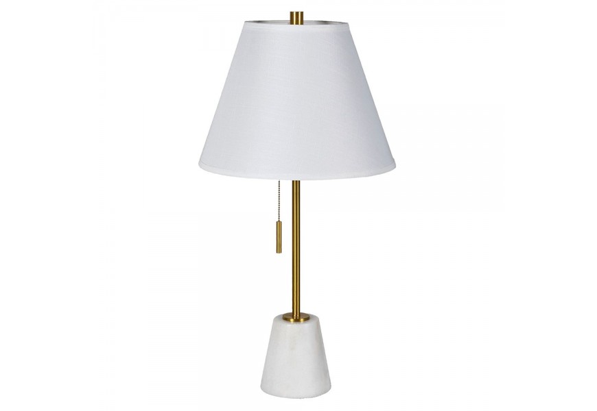 Luxusní bílá stolní lampa Annie v glamour stylu s mramorovou podstavou a lněným stínítkem na zlaté konstrukci se zapínáním pomocí šňůrky