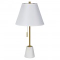 Luxusní bílá stolní lampa Annie v glamour stylu s mramorovou podstavou a lněným stínítkem na zlaté konstrukci se zapínáním pomocí šňůrky