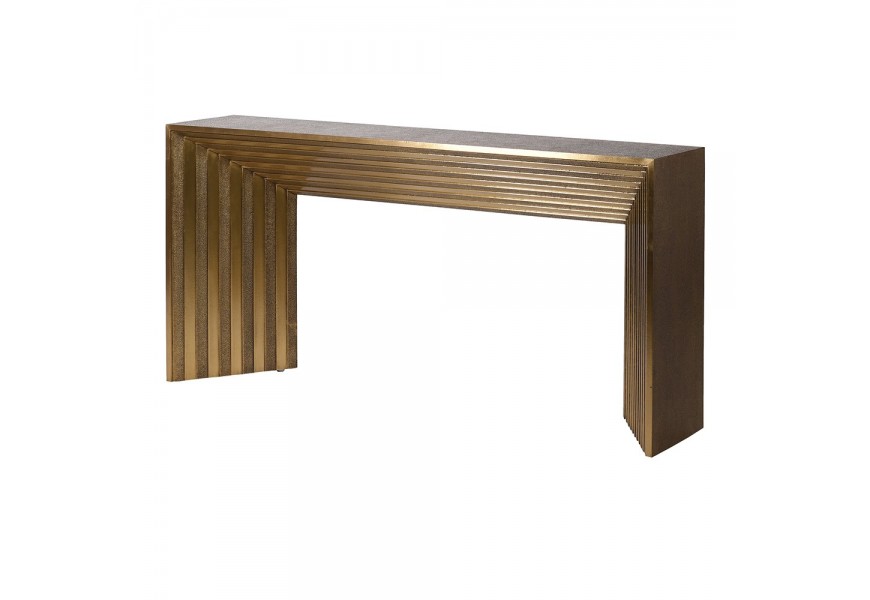 Luxusní art deco konzolový stolek Porto s mosaznou a zlatou povrchovou úpravou se vzorem pruhované struktury na vnitřních stěnách