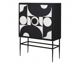 Luxusní inkrustovaná barová skříňka Vasilij v art-deco stylu s geometrickou výzdobou černá bílá 141 cm
