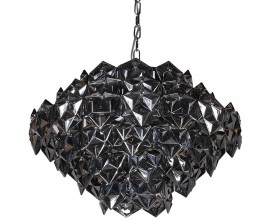 Lustr v tmavě šedé barvě z kouřového skla Dilas v Art deco stylu se stříbrnou kovovou konstrukcí v atypickém geometrickém zobrazení