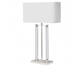 Glamour stolní lampa s designovou kovovou lesklou stříbrnou konstrukcí a stínítkem bílé barvy