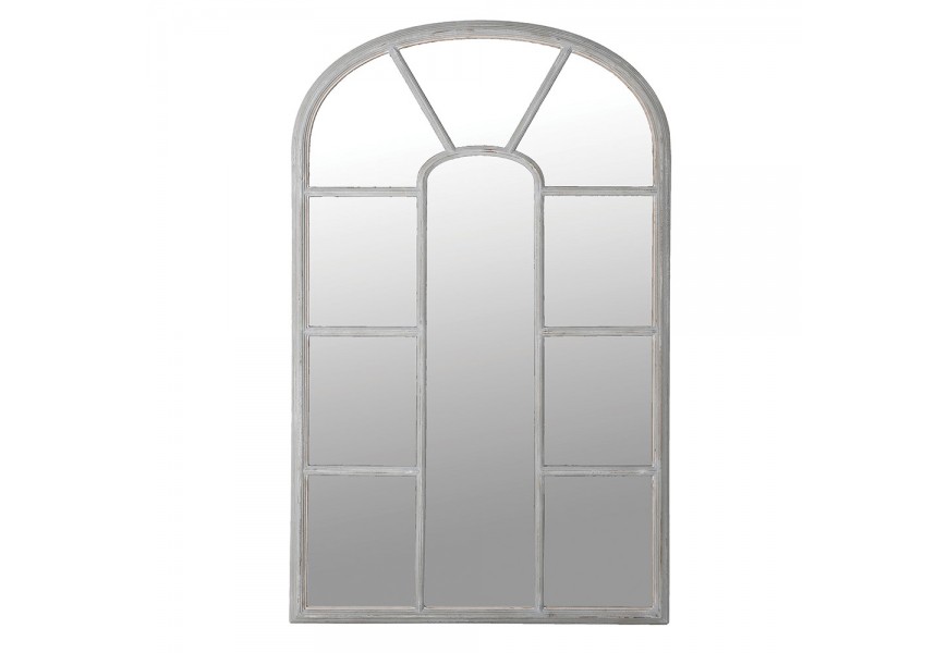 Provensálské nástěnné zrcadlo Paula ve stylu obloukového tabulového okna s vintage záměrně sešoupaným světlým šedým nátěrem