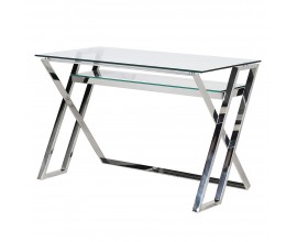 Luxusní art-deco psací stůl Miami s překříženými nožičkami v chromovém stříbrném provedení a vrchní deskou a policí se skla