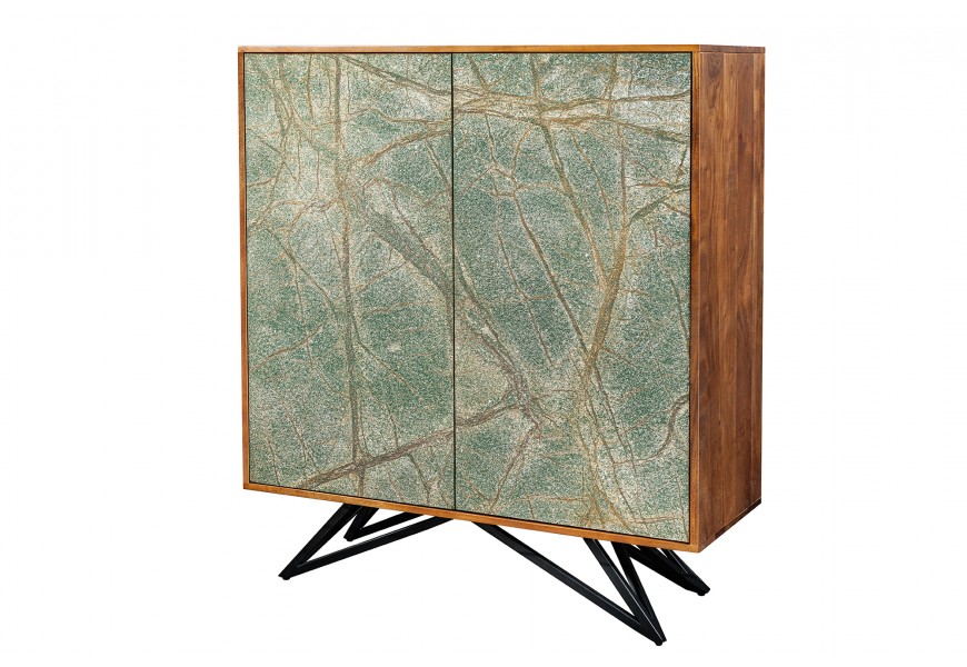 Moderní art deco příborník Elentia z akáciového dřeva s mramorovým designem v zelené barvě s kovovými nožičkami 120 cm