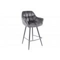 Designová otočná barová židle Mariposa s prošívaným čalouněním s tmavým šedým sametovým potahem a černými kovovými nožičkami v industriálním stylu