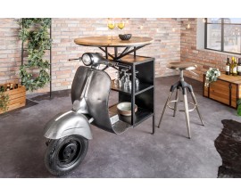 Industriální barový stůl Scooter s designem motorky a policemi a vrchní deskou z mangového dřeva stříbrná 116 cm