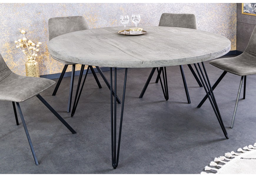Industriální kulatý jídelní stůl Moonlight z masivního mangového dřeva světla šedá 80 cm