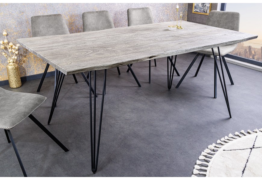 Industriální obdélníkový jídelní stůl Moonlight se světlou šedou vrchní deskou z akáciového masivu 140 cm