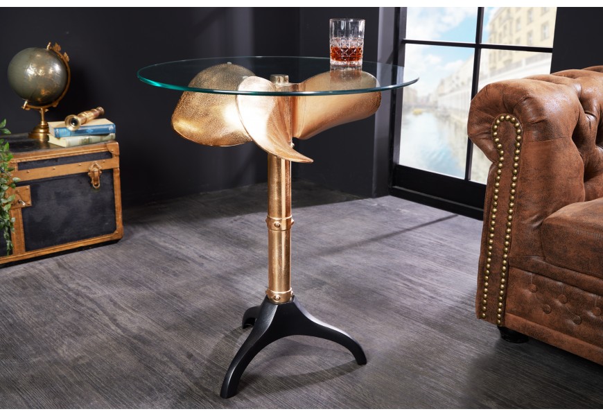 Kulatý příruční stolek Helice s vrchní deskou ze skla a se zlatou nohou s vintage designem lodního šroubu