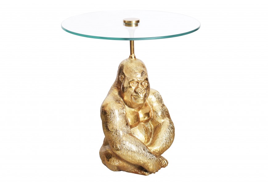 Luxusní kulatý příruční stolek Wilde v art-deco stylu s podstavou s figurou gorily ve zlaté barvě a skleněnou deskou 51 cm
