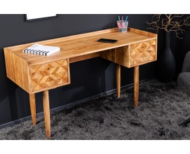 Masivní retro psací stůl Camille se dvěma šuplíky s ozdobnou intarzií z akáciového dřeva medová hnědá 132 cm