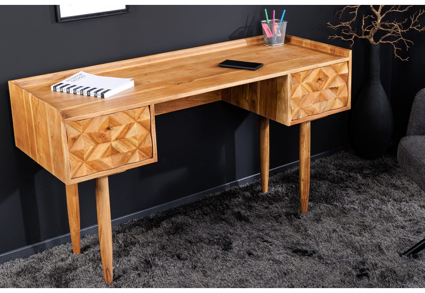 Retro psací stůl Camille z masivního akáciového dřeva v medové hnědé barvě se dvěma šuplíky s ozdobnou geometrickou intarzií na přední straně
