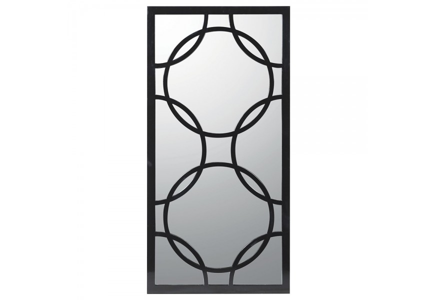 Nástěnné zrcadlo Modern Orient s černým obdélníkovým rámem a geometrickým art deco designem překrývajících se kružnic na zrcadlové ploše