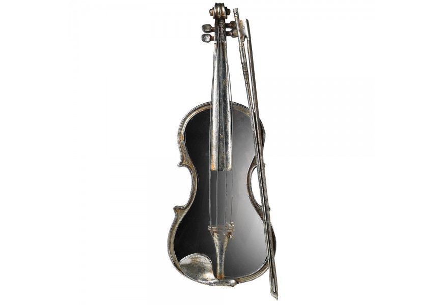 Vintage závěsná dekorace Vivaldi s designem houslí se smyčcem s lesklým zrcadlovým povrchem a kovovými detaily ve stříbrné barvě s patinou
