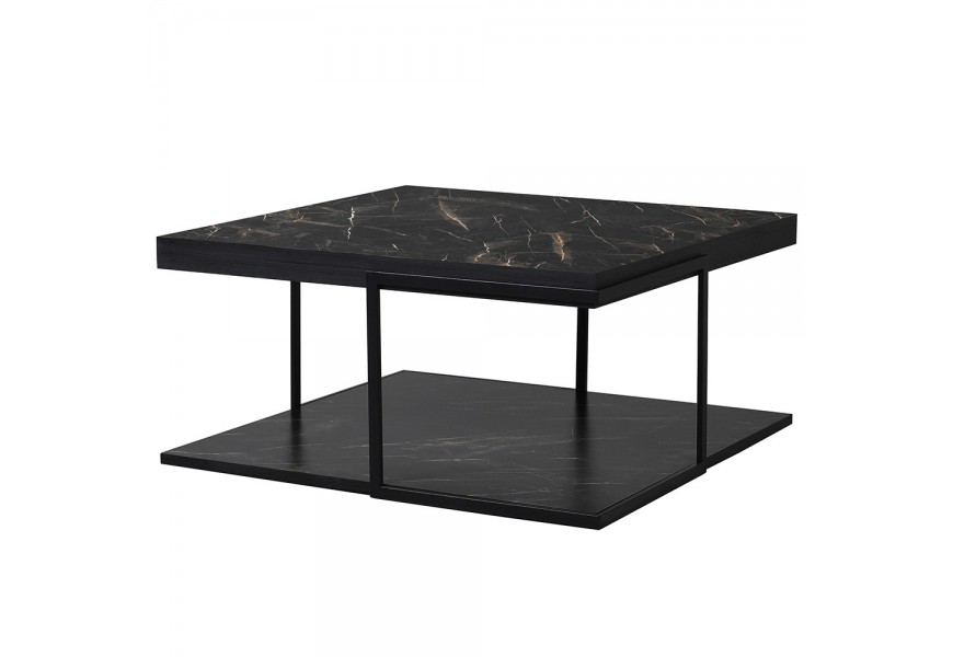 Mramorový konferenční stolek Diaz čtvercového tvaru v černé barvě se čtyřmi kovovými černými nožičkami 81 cm