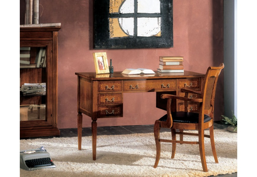 Luxusní barokní pracovní stůl Selest z masivního dřeva v hnědé barvě se sedmi šuplíky a čtyřmi nožičkami