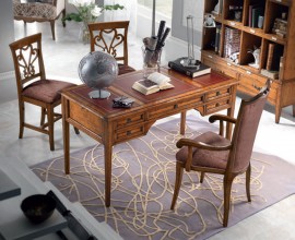 Luxusní barokní pracovní stůl Lasil z dřevěného masivu v hnědé barvě s pěti zásuvkami a kovovými držadly