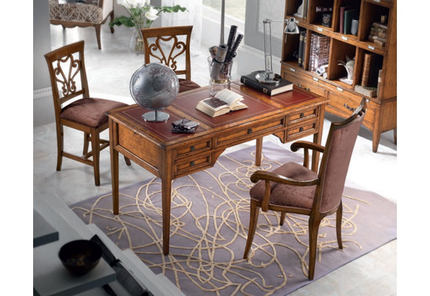 Luxusní barokní pracovní stůl Lasil z dřevěného masivu v hnědé barvě s pěti zásuvkami a kovovými držadly