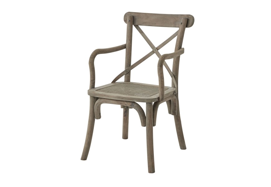 Luxusní jídelní židle Antiquités Francaises z masivního dřeva ve světle hnědé barvě s vintage opracováním s opěrkami na ruce a křížovou opěrkou na záda s vyplétaným sedadlem