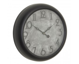 Luxusní vintage kulaté nástěnné hodiny Antiquités Francaises s černým kovovým rámem a ciferníkem s betonovým designem v šedé barvě s šedým číselníkem s ručičkami