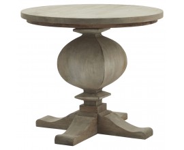 Luxusní venkovský příruční stolek Antiquités Francaises s kulatou vrchní deskou a vyřezávanou nohou a křížovou podstavou ve světlé pískové hnědé barvě s vintage opracováním