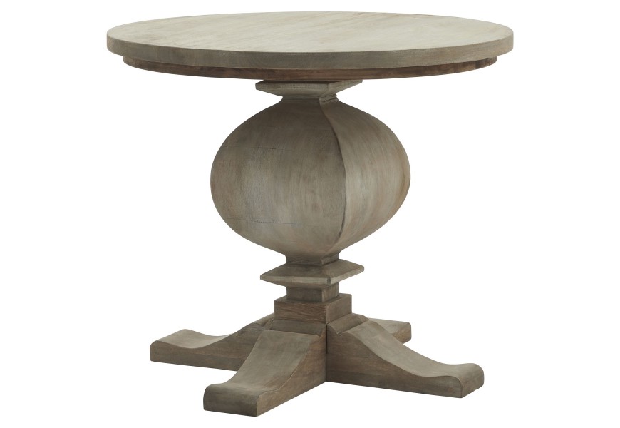 Luxusní venkovský příruční stolek Antiquités Francaises s kulatou vrchní deskou a vyřezávanou nohou a křížovou podstavou ve světlé pískové hnědé barvě s vintage opracováním
