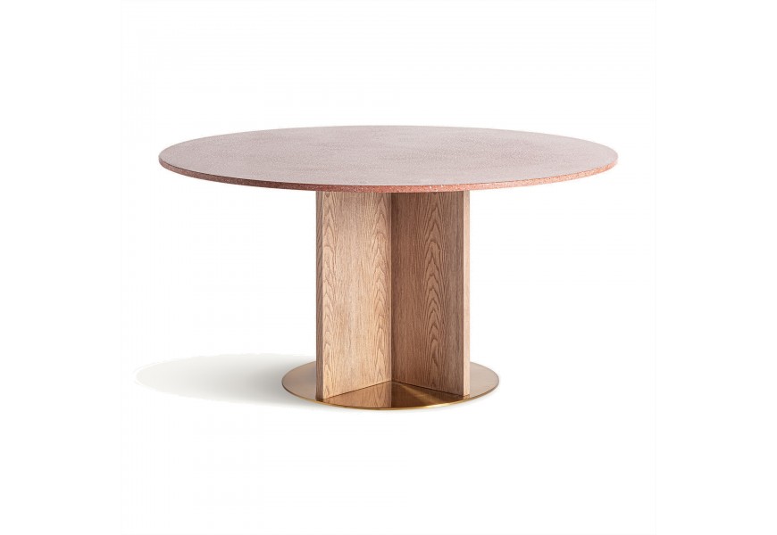 Luxusní Art-deco kulatý jídelní stůl s povrchovou teraco deskou v cihlově červené barvy s podstavou z dubového masivu ve světle přírodní barvě