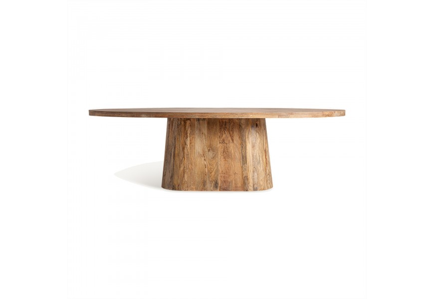 Luxusní moderní konferenční stolek s venkovským nádechem z masivního dřeva v oválném tvaru v hnědé barvě