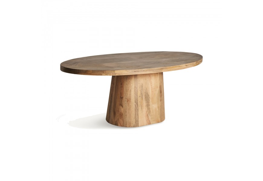 Luxusní moderní jídelní stůl Malen z masivního dřeva v hnědé barvě v oválném tvaru s masivní nohou ve venkovském stylu