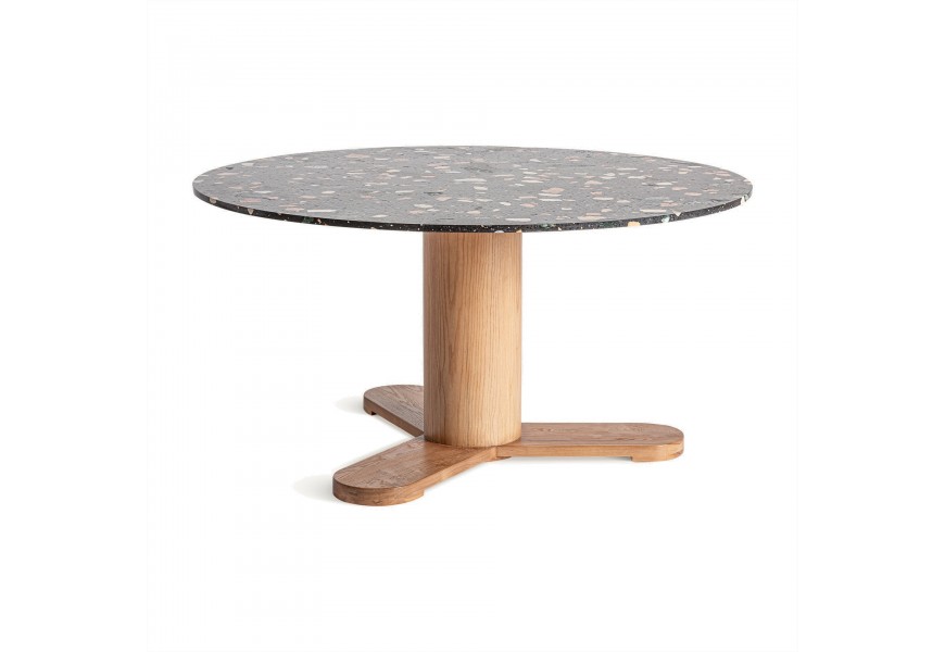 Moderní jídelní stůl Budhir s masivní nohou a černou vrchní deskou z kamene