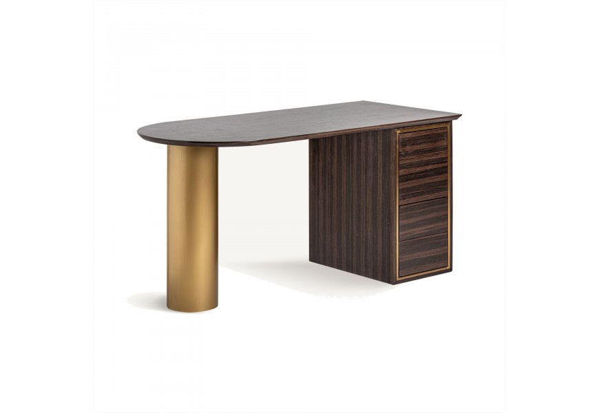 Luxusní art deco psací stůl se zlatou kovovou válcovou nohou a z masivního hnědého dřeva v glamour nádechu se čtyřmi zásuvkami