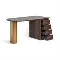 Luxusní psací stůl v art deco stylu z masivního hnědého dřeva se zlatou kovovou válcovou konstrukcí v glamour nádechu se čtyřmi šuplíky