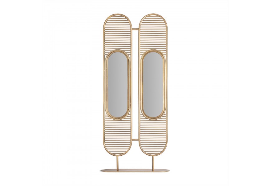Luxusní glamour designový paravan z kovové konstrukce zlaté barvy se dvěma zabudovanými zrcadly