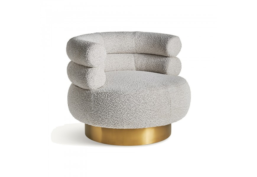 Exkluzivní glamour otočné křeslo s buklé čalouněním v šedo-bílé barvě na robustní kovové podstavě ve zlaté barvě