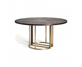Luxusní kulatý jídelní stůl Midas s nohou ve zlaté barvě s vertikálním zdobením a hnědou dřevěnou vrchní deskou 150 cm