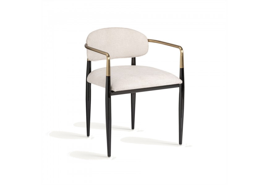 Luxusní glamour jídelní židle s čalouněnou opěrkou a sedací částí s bílým potahem ze strukturované látky s kovovými nožičkami a opěrkovou konstrukcí v černé barvě se zlatými detaily