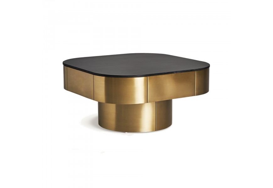 Luxusní glamour čtvercový konferenční stolek Jackson s jednou nohou s mramorovou deskou se zaoblenými rohy černá zlatá 100 cm