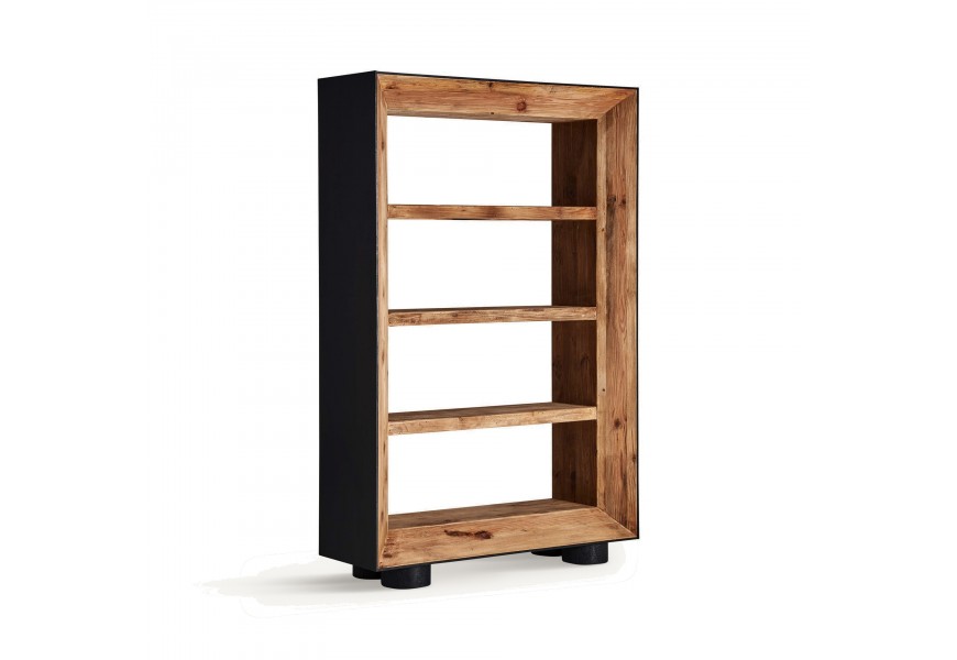 Luxusní moderní knihovna Escuro z recyklovaného borového dřeva v přírodní hnědé barvě s naturální strukturou s lineárním rámem a nožičkami z dubového dřeva v černé barvě