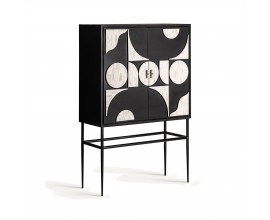 Luxusní art deco barová skříňka Vasilij s geometrickou kostovou inkrustací a válcovými úchyty béžová černá 151 cm