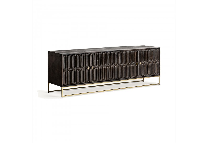 Luxusní čtyřdveřový art deco TV stolek Eclair s reliéfním elipsovým zdobením a se zlatými kovovými úchyty a lineárními nožičkami z masivního mangového dřeva v tmavé čokoládové hnědé barvě