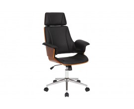 Retro otočná kancelářská židle Madison s nastavitelnou výškou s černým čalouněním z ekokůže a hnědou konstrukcí sedáku z ořechového dřeva na chromové noze s kolečky