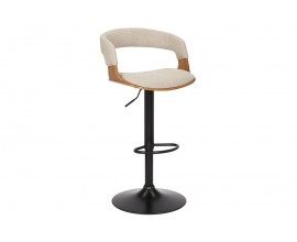Otočná barová židle Norwich s černou výškově nastavitelnou kovovou nohou se sedací částí s hnědou konstrukcí z jasanového dřeva a se světlým béžovým látkovým čalouněním s retro designem