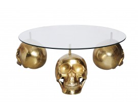 Designový kulatý konferenční stolek Hamlet se třemi nožičkami ve tvaru lebek ve zlaté barvě a skleněnou vrchní deskou 90 cm