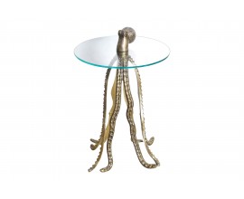 Designový kulatý příruční stolek Polbitta s podstavou ve tvaru chobotnice ve zlaté barvě a skleněnou vrchní deskou 67 cm