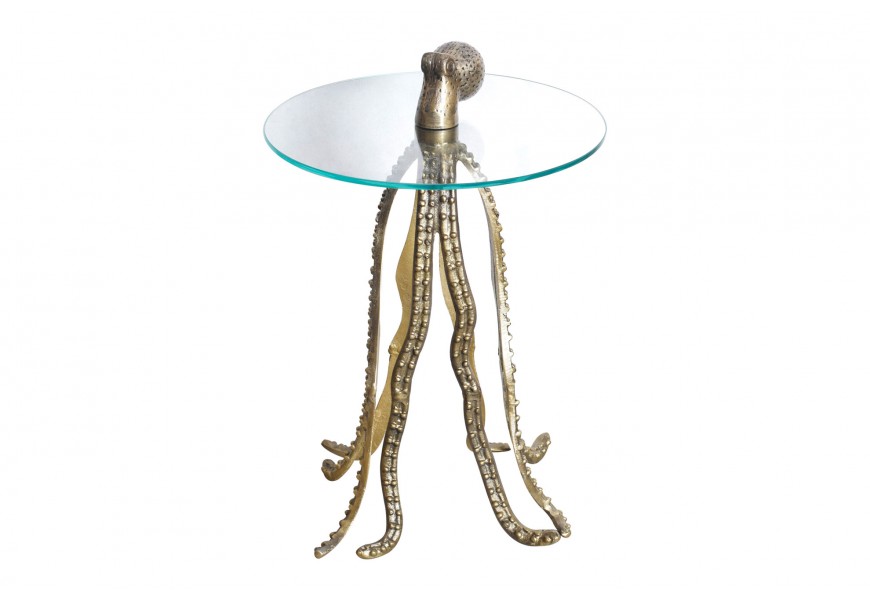 Designový glamour příruční stolek Polbitta s kulatou skleněnou vrchní deskou a kovovou podstavou ve zlaté barvě ve tvaru chobotnice