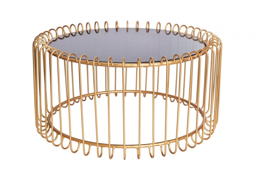 Kulatý konferenční stolek Esme v glamour stylu se zlatou kovovou podstavou s klečním designem a černou skleněnou deskou