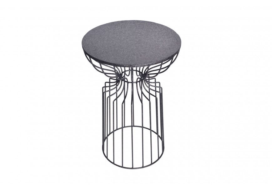 Industriální příruční stolek Esme z kovu s kulatou vrchní deskou a podstavou ve tvaru přesýpacích hodin z tvarovaných železných tyčí s klečním designem v grafitové černé barvě